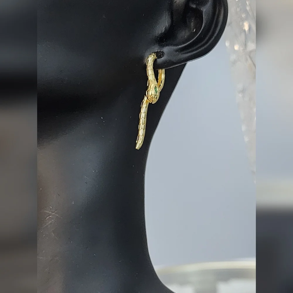 Gold Snake Earrings with Green Accent - Picture 5 of 7